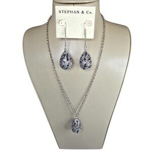 Stephan & Co Women's Trendy Silver Plated Necklace & Long Hook Earring Set NWT